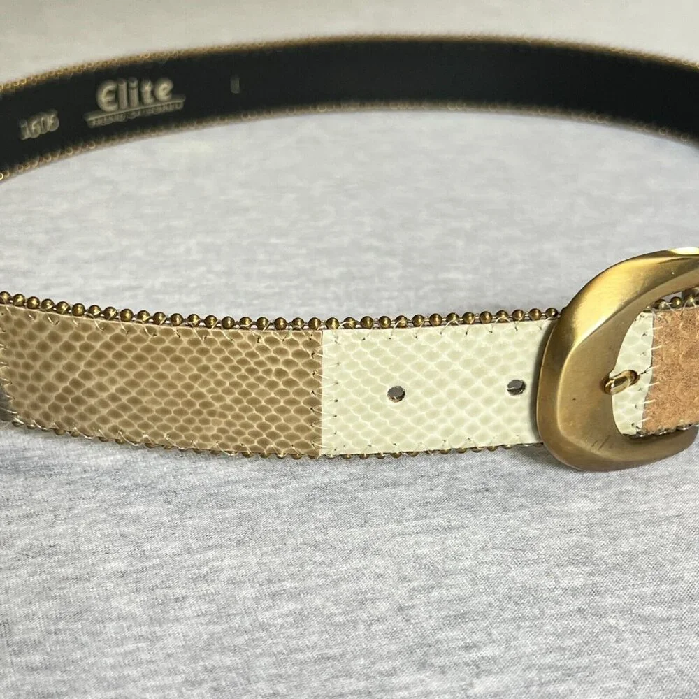 Elite Womens Belt Large Tan Patchwork Metallic Snake Reptile Textured Leather 1